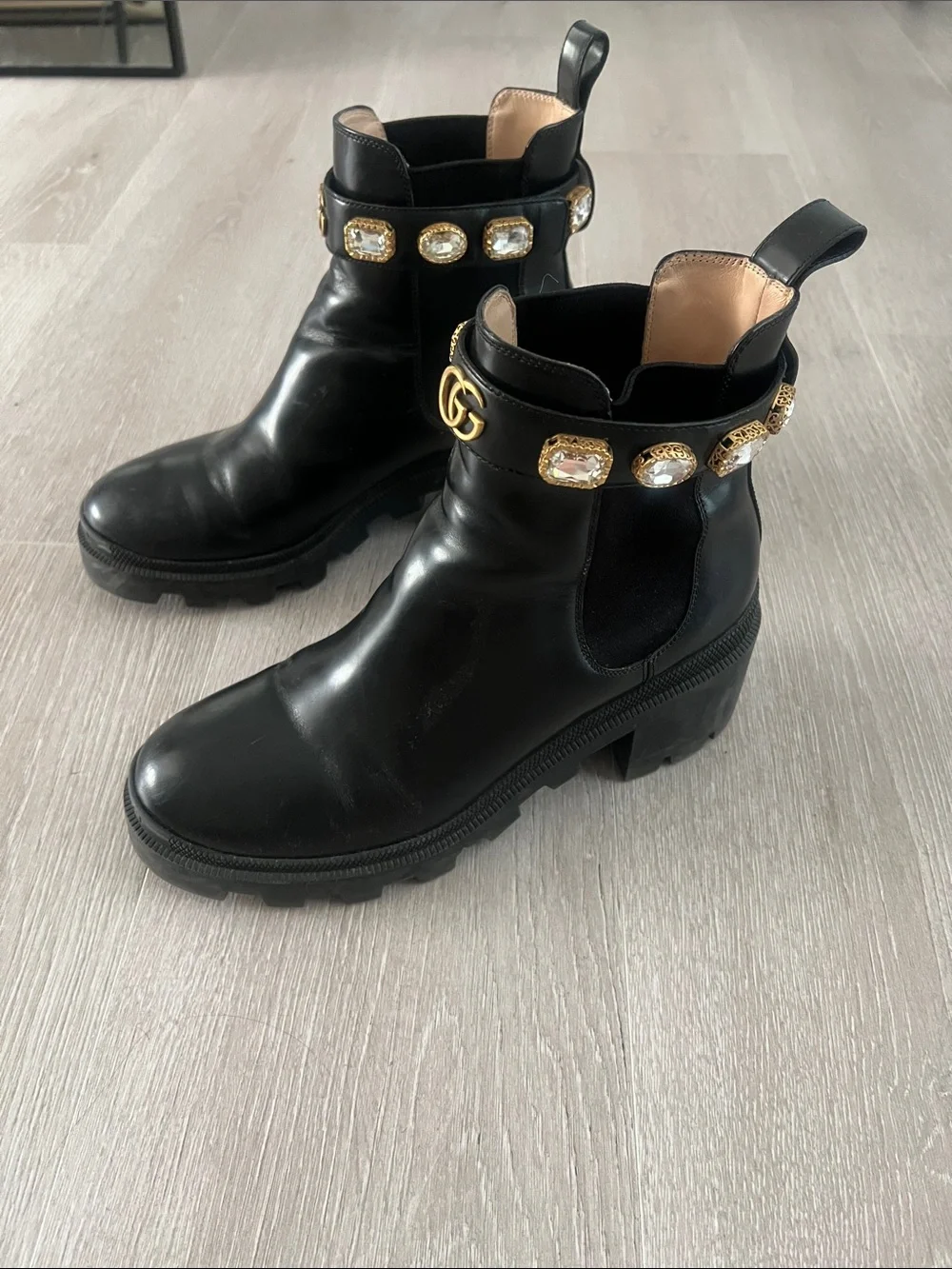 Gucci Black Leather Ankle Boots with Gold GG & Jeweled Strap